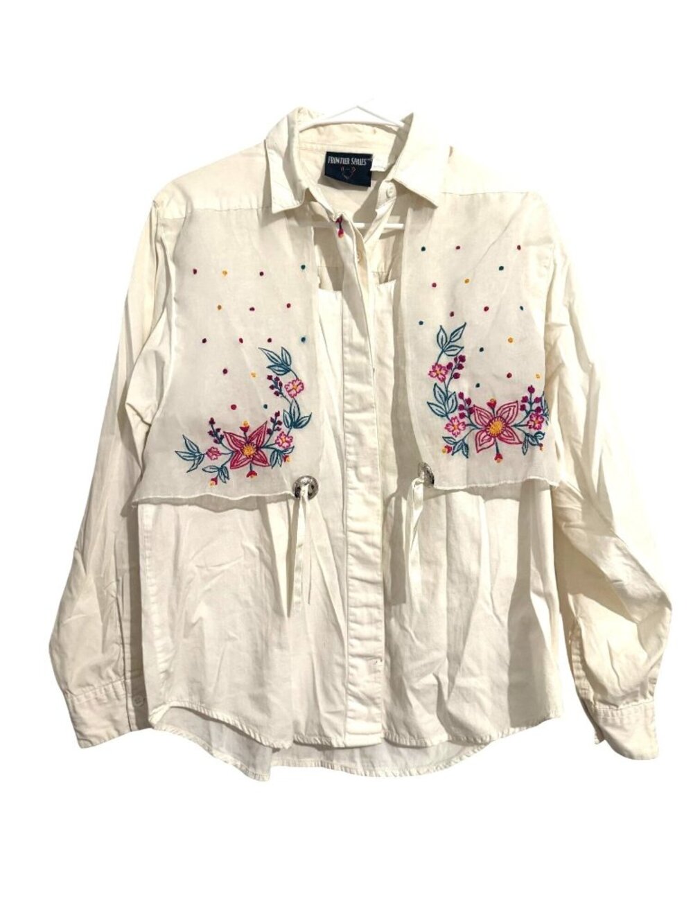 Vintage Frontier Series White Embroidered Western Button-Up Shirt With Floral De